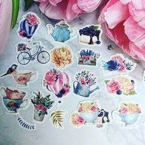 Whimsical Spring Day, Flowers, Tea Cups, Hot Air Balloons, 40 Stickers